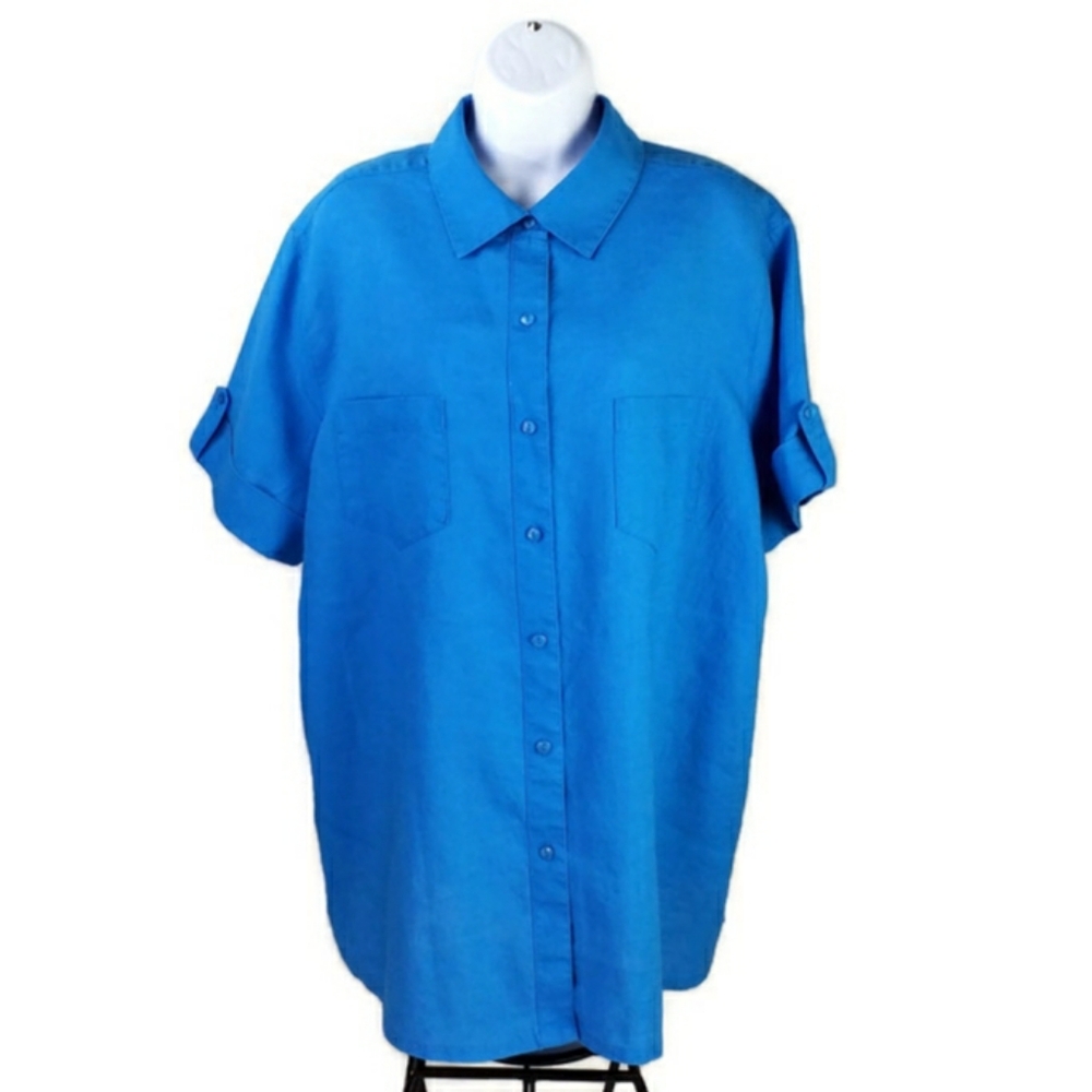 Westbound II Blue Button Up Cuffed Roll Tab Sleeve Linen Blouse Womens 1X